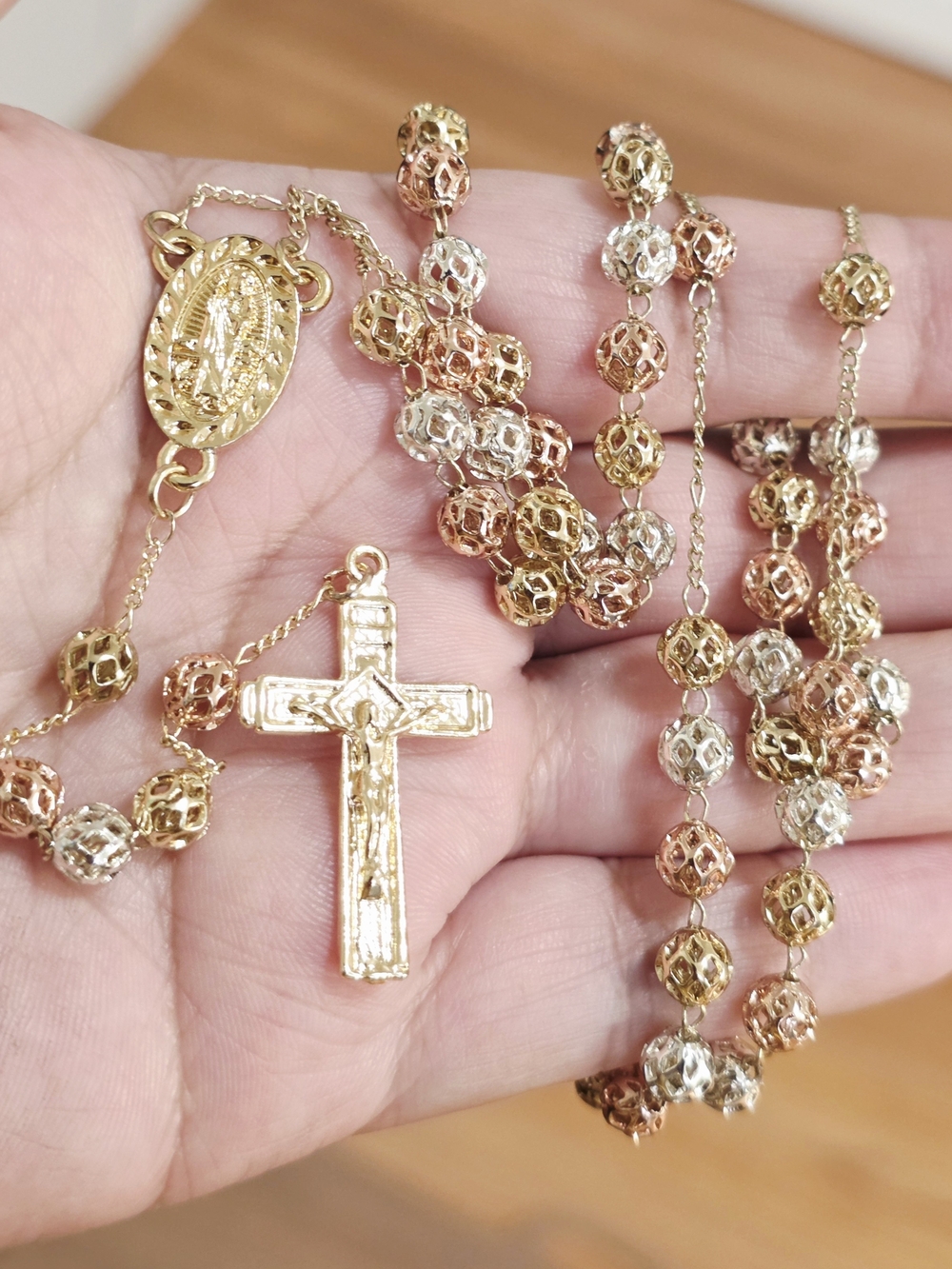 18k Gold Plated Rosary Necklace with Cross Pendant - Gold, Rose Gold & Silver